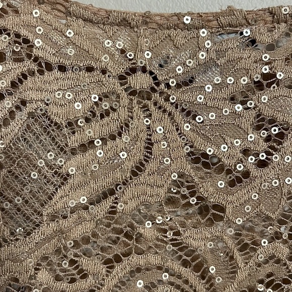 Lace Floral Semi Sheer Overlay Tan Sequin Midi Bubble Sleeve Dress Size 12 - Picture 6 of 11